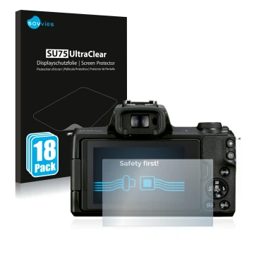 Parte frontale di una confezione del prodotto con il logo del marchio Savvies. Accanto è raffigurato il dispositivo Canon EOS 