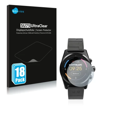 Parte frontale di una confezione del prodotto con il logo del marchio Savvies. Accanto è raffigurato il dispositivo Montblanc 