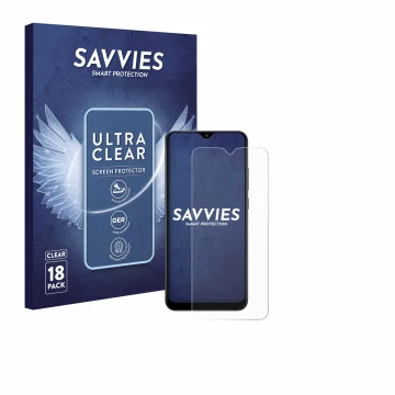 Parte frontale di una confezione del prodotto con il logo del marchio Savvies. Accanto è raffigurato il dispositivo Samsung Ga