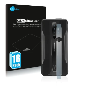 Parte frontale di una confezione del prodotto con il logo del marchio Savvies. Accanto è raffigurato il dispositivo Blackview 