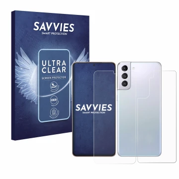 Parte frontale di una confezione del prodotto con il logo del marchio Savvies. Accanto è raffigurato il dispositivo Samsung Ga