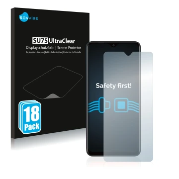 Parte frontale di una confezione del prodotto con il logo del marchio Savvies. Accanto è raffigurato il dispositivo Blackview 