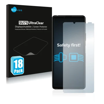 Parte frontale di una confezione del prodotto con il logo del marchio Savvies. Accanto è raffigurato il dispositivo Sony Xperi