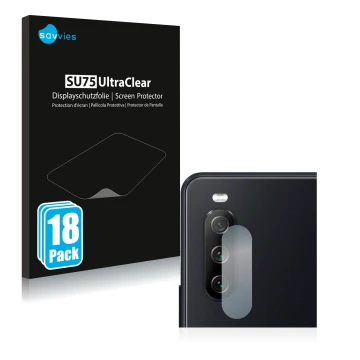 Parte frontale di una confezione del prodotto con il logo del marchio Savvies. Accanto è raffigurato il dispositivo Sony Xperi