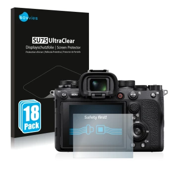 Parte frontale di una confezione del prodotto con il logo del marchio Savvies. Accanto è raffigurato il dispositivo Sony Alpha