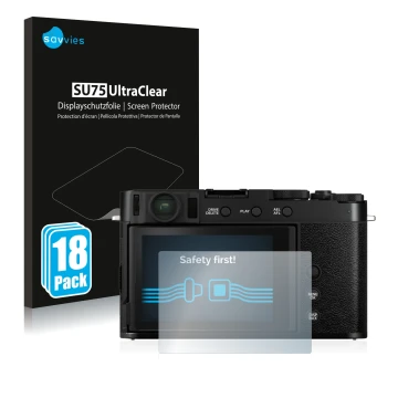 Parte frontale di una confezione del prodotto con il logo del marchio Savvies. Accanto è raffigurato il dispositivo Fujifilm X