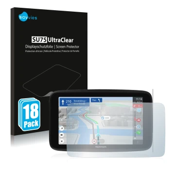 Parte frontale di una confezione del prodotto con il logo del marchio Savvies. Accanto è raffigurato il dispositivo TomTom GO 