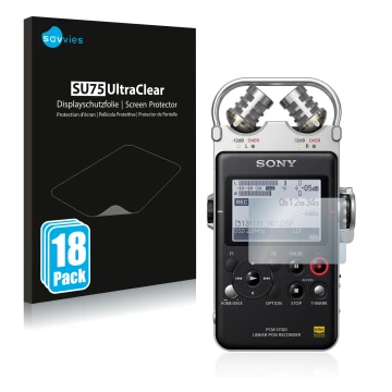 Parte frontale di una confezione del prodotto con il logo del marchio Savvies. Accanto è raffigurato il dispositivo Sony PCM D