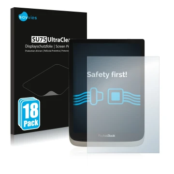 Parte frontale di una confezione del prodotto con il logo del marchio Savvies. Accanto è raffigurato il dispositivo PocketBook