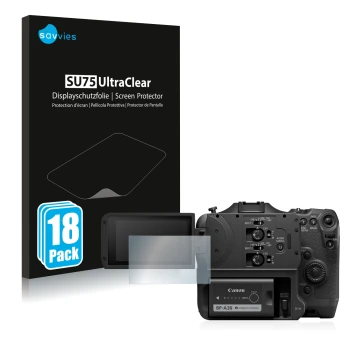 Parte frontale di una confezione del prodotto con il logo del marchio Savvies. Accanto è raffigurato il dispositivo Canon EOS 