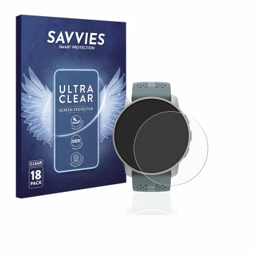 Parte frontale di una confezione del prodotto con il logo del marchio Savvies. Accanto è raffigurato il dispositivo Suunto 9 P