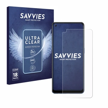 Parte frontale di una confezione del prodotto con il logo del marchio Savvies. Accanto è raffigurato il dispositivo Oppo A74 5