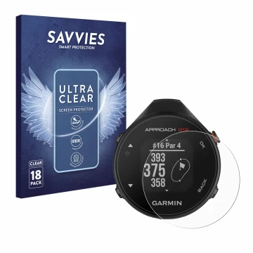 Parte frontale di una confezione del prodotto con il logo del marchio Savvies. Accanto è raffigurato il dispositivo Garmin App