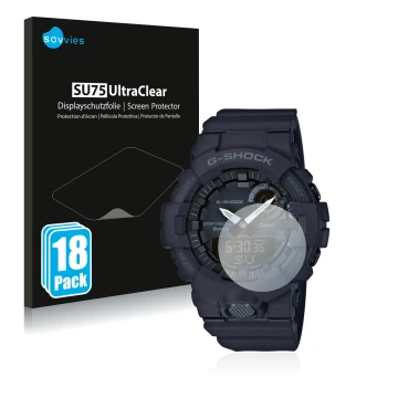 Parte frontale di una confezione del prodotto con il logo del marchio Savvies. Accanto è raffigurato il dispositivo Casio G-Sh