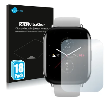 Parte frontale di una confezione del prodotto con il logo del marchio Savvies. Accanto è raffigurato il dispositivo Huami Amaz