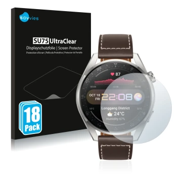 Parte frontale di una confezione del prodotto con il logo del marchio Savvies. Accanto è raffigurato il dispositivo Huawei Wat