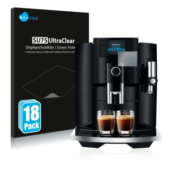 Parte frontale di una confezione del prodotto con il logo del marchio Savvies. Accanto è raffigurato il dispositivo Jura E8 (E