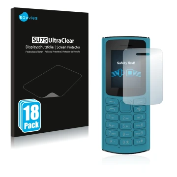 Parte frontale di una confezione del prodotto con il logo del marchio Savvies. Accanto è raffigurato il dispositivo Nokia 105 