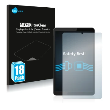 Parte frontale di una confezione del prodotto con il logo del marchio Savvies. Accanto è raffigurato il dispositivo Lenovo Tab