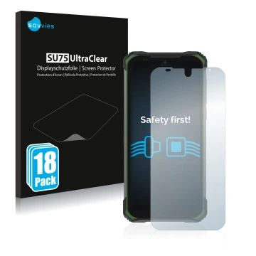 Parte frontale di una confezione del prodotto con il logo del marchio Savvies. Accanto è raffigurato il dispositivo Doogee S86
