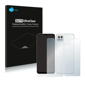 Parte frontale di una confezione del prodotto con il logo del marchio Savvies. Accanto è raffigurato il dispositivo Samsung Ga