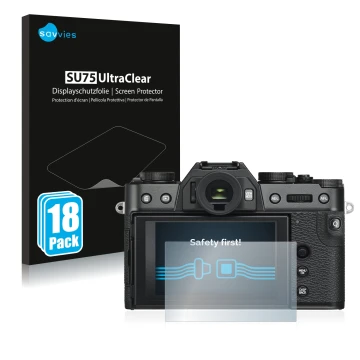 Parte frontale di una confezione del prodotto con il logo del marchio Savvies. Accanto è raffigurato il dispositivo Fujifilm X