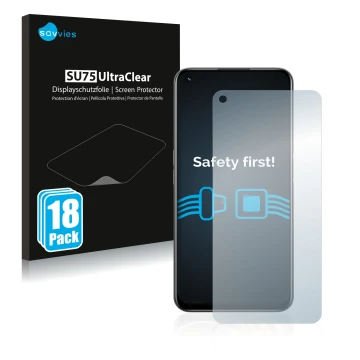 Parte frontale di una confezione del prodotto con il logo del marchio Savvies. Accanto è raffigurato il dispositivo realme 8i 