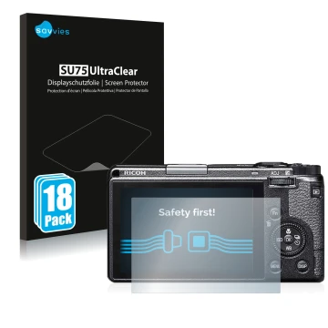 Parte frontale di una confezione del prodotto con il logo del marchio Savvies. Accanto è raffigurato il dispositivo Ricoh GR I