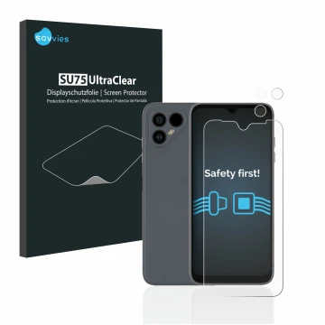 Parte frontale di una confezione del prodotto con il logo del marchio Savvies. Accanto è raffigurato il dispositivo Fairphone 