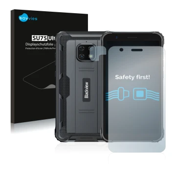 Parte frontale di una confezione del prodotto con il logo del marchio Savvies. Accanto è raffigurato il dispositivo Blackview 