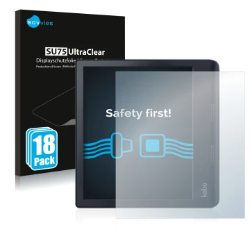 Parte frontale di una confezione del prodotto con il logo del marchio Savvies. Accanto è raffigurato il dispositivo Kobo Sage 