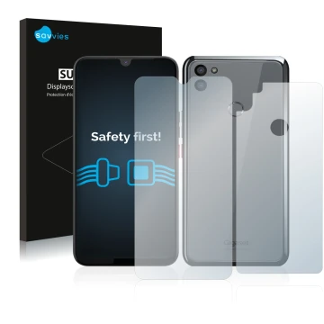 Parte frontale di una confezione del prodotto con il logo del marchio Savvies. Accanto è raffigurato il dispositivo Gigaset GS