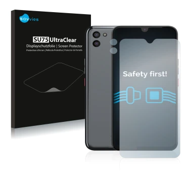 Parte frontale di una confezione del prodotto con il logo del marchio Savvies. Accanto è raffigurato il dispositivo Gigaset GS