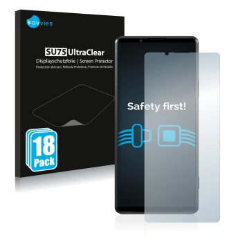 Parte frontale di una confezione del prodotto con il logo del marchio Savvies. Accanto è raffigurato il dispositivo Sony Xperi