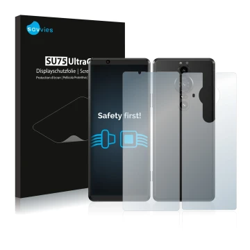 Parte frontale di una confezione del prodotto con il logo del marchio Savvies. Accanto è raffigurato il dispositivo Sony Xperi