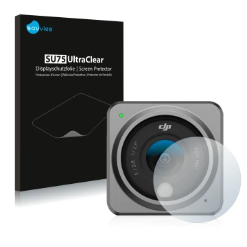 Parte frontale di una confezione del prodotto con il logo del marchio Savvies. Accanto è raffigurato il dispositivo DJI Action