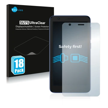 Parte frontale di una confezione del prodotto con il logo del marchio Savvies. Accanto è raffigurato il dispositivo ZTE Blade 