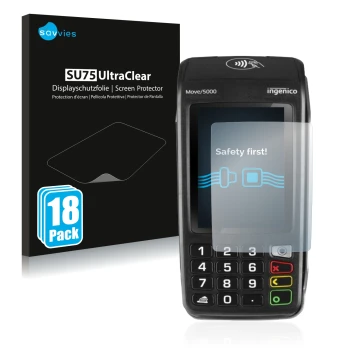 Parte frontale di una confezione del prodotto con il logo del marchio Savvies. Accanto è raffigurato il dispositivo ingenico M