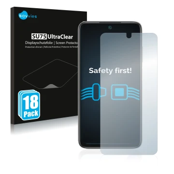 Parte frontale di una confezione del prodotto con il logo del marchio Savvies. Accanto è raffigurato il dispositivo Xiaomi Red