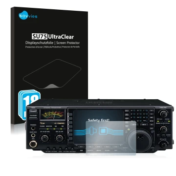 Parte frontale di una confezione del prodotto con il logo del marchio Savvies. Accanto è raffigurato il dispositivo Icom IC-75