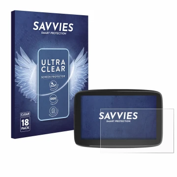 Parte frontale di una confezione del prodotto con il logo del marchio Savvies. Accanto è raffigurato il dispositivo TomTom GO 