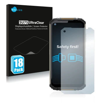 Parte frontale di una confezione del prodotto con il logo del marchio Savvies. Accanto è raffigurato il dispositivo Oukitel WP