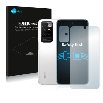 Parte frontale di una confezione del prodotto con il logo del marchio Savvies. Accanto è raffigurato il dispositivo Xiaomi Red