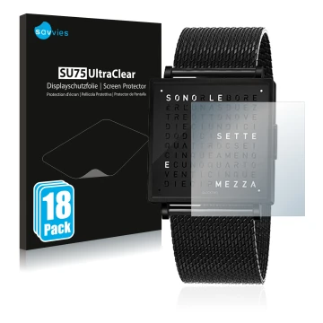 Parte frontale di una confezione del prodotto con il logo del marchio Savvies. Accanto è raffigurato il dispositivo Qlocktwo W