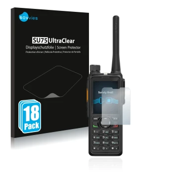 Parte frontale di una confezione del prodotto con il logo del marchio Savvies. Accanto è raffigurato il dispositivo Hytera HP7