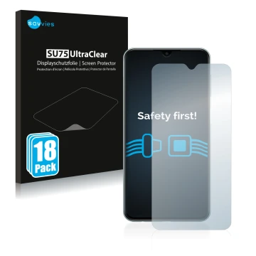Parte frontale di una confezione del prodotto con il logo del marchio Savvies. Accanto è raffigurato il dispositivo Samsung Ga