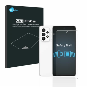 Parte frontale di una confezione del prodotto con il logo del marchio Savvies. Accanto è raffigurato il dispositivo Samsung Ga