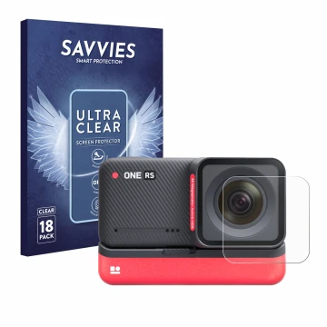 Parte frontale di una confezione del prodotto con il logo del marchio Savvies. Accanto è raffigurato il dispositivo Insta360 O