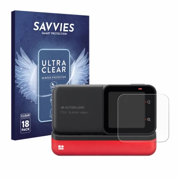 Parte frontale di una confezione del prodotto con il logo del marchio Savvies. Accanto è raffigurato il dispositivo Insta360 O