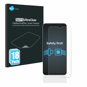 Parte frontale di una confezione del prodotto con il logo del marchio Savvies. Accanto è raffigurato il dispositivo Samsung Ga